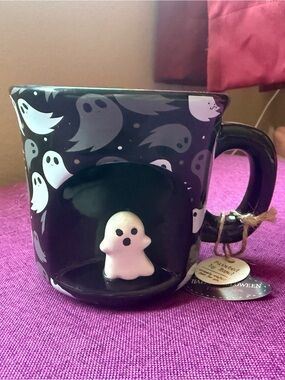 Rare Ghost Pattern Ceramic Mug with 3D Ghost Accent - Black & White